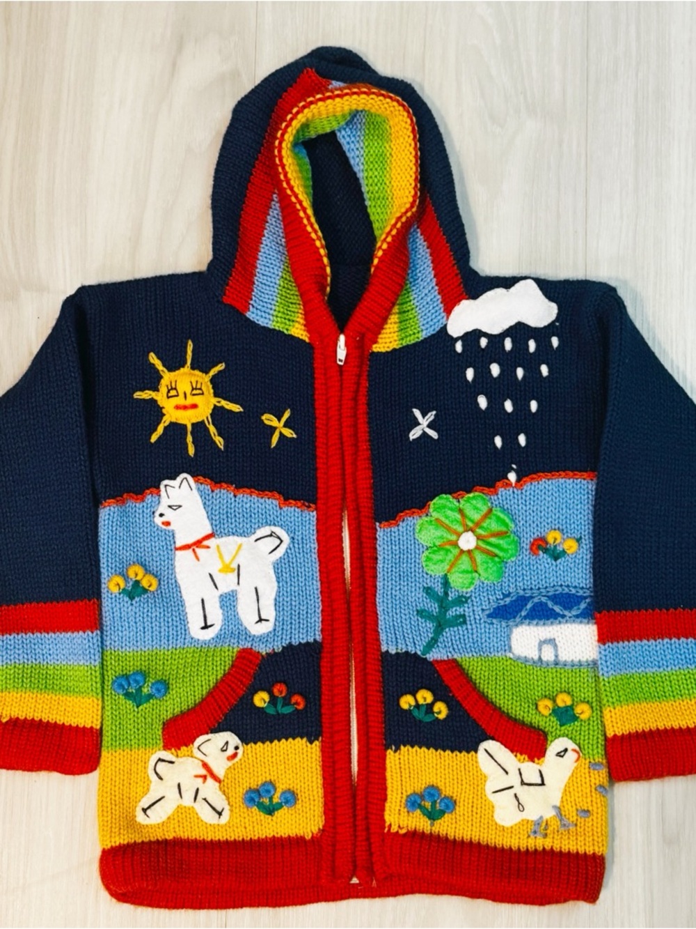 Hand knit Peruvian sweater zip hooded cardigan embroidered sweater Boy’s size 6